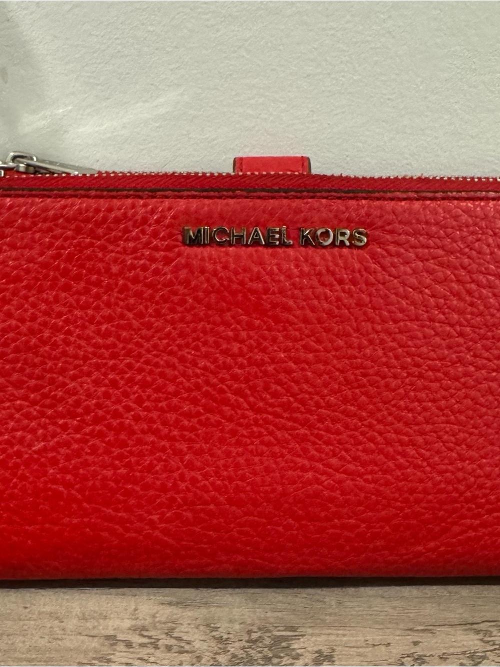 MICHAEL KORS Red Pebbled Leather Zip Wallet with Gold Logo